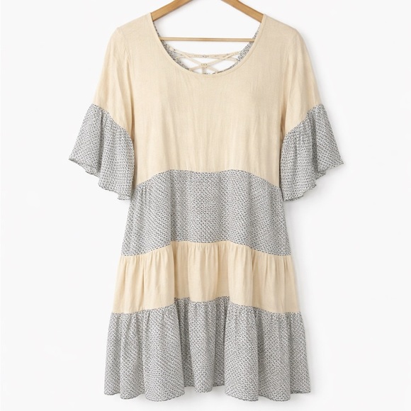 easel Dresses & Skirts - Easel Boho Tiered Prairie Dress Lace Up Back Flare Sleeve Small